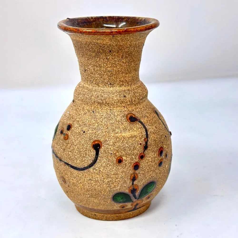 Vintage Tonala Mexican Pottery Vase Signed EM Mex Hand Painted Folk Art 4.75x3